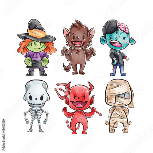 watercolor halloween character collection design vector illustration