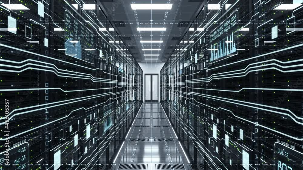 Transmission of digital information over a network between computing servers and a big data storage in a data center server room. Concept of cloud computing, cloud storage and machine learning. 4K