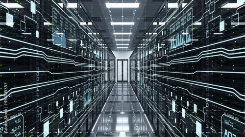 Transmission of digital information over a network between computing servers and a big data storage in a data center server room. Concept of cloud computing, cloud storage and machine learning. 4K photo