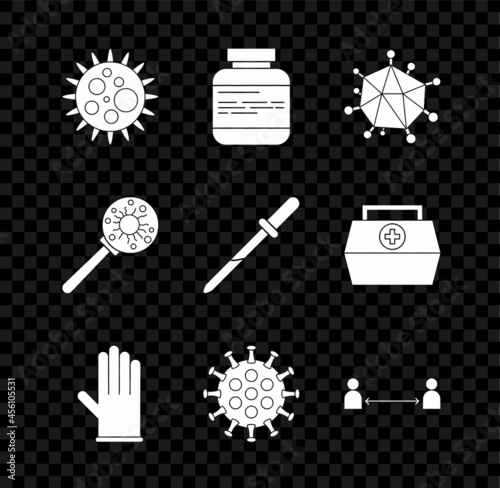 Set Virus, Medicine bottle and pills, Medical rubber gloves, Safe distance, under magnifying glass and Pipette icon. Vector