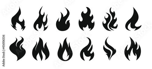 Set of fire flame icons and logo isolated on white background.