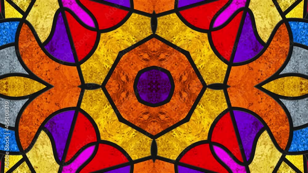 Stained glass window. Color glass. Stylized flowers. Kaleidoscopic dynamic background. Transparency. Seamless looping animation footage. Psychedelic motion design. Dj loop. Vj loops. Multicolor. 4K