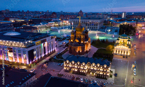 Night cityscape of Russian city Tula with Orthodox Cathedral, Regional administration and Transfiguration Church