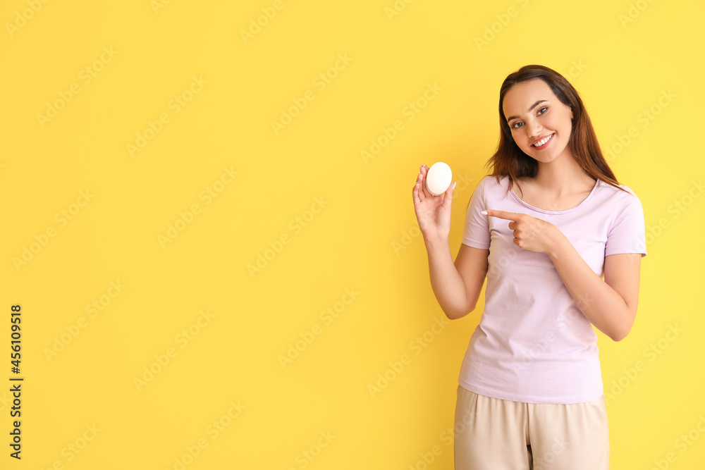 Beautiful young woman with soap on color background Beautiful young woman with soap on color background