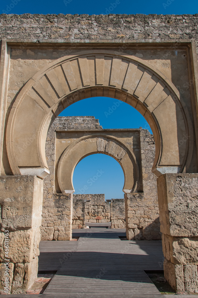 Horseshoe arches. Restoration works on the ruins of the palatine city of Madinat Al-Zahra, Unesco World Heritage Site at Cordoba, Spain.