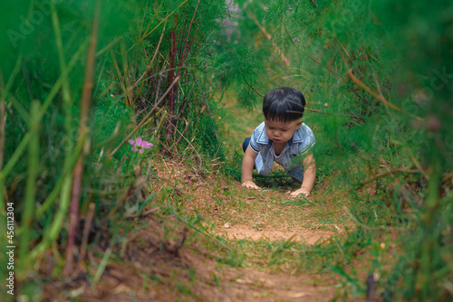 A little boy cute run on a road in the forest. (Soft photo with blurring and selective focus)