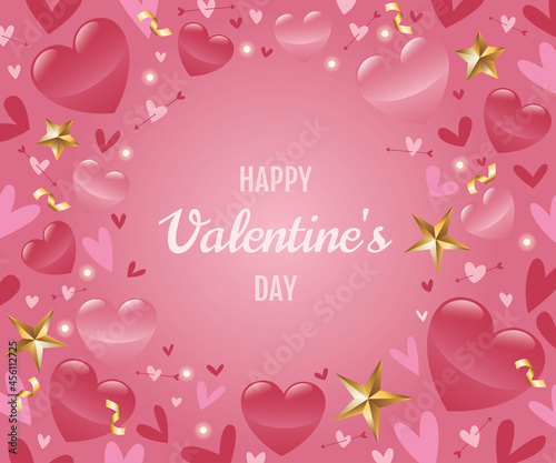 Valentine's day card with 3d pink hearts, arrow hearts, stars, confetti, glowing lights. Happy Valentine's day text. Love, Holiday banner. Vector illustration background.