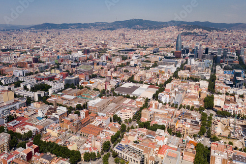 Aerial view of Barcelona cityscape with a modern apartment buildings, Spain