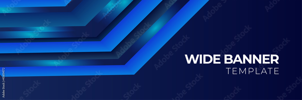 Blue tech wide banner background with abstract geometric shapes. Vector illustration dark blue for poster, business card, backdrop, flier, web header, game background and much more