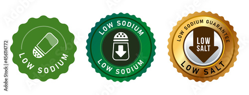 low sodium reduced salt label stamp design isolated for packaging in green and gold round seal stamp photo
