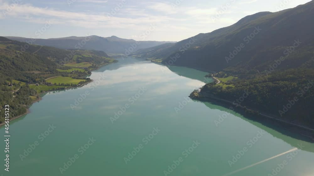 Incredible aerial shot of a mountain valley and Vagavatn lake in Norway Incredible aerial shot of a mountain valley and Vagavatn lake in Norway