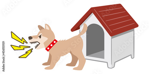 犬小屋の前で吠える犬のイラストレーション photo