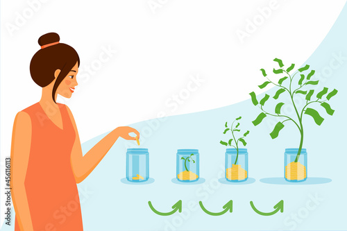 A woman who is engaged in household work invests money. Income growth. The money tree grows out of a glass jar. Coins and paper money are the leaves of a tree. Vector illustration of the concept.