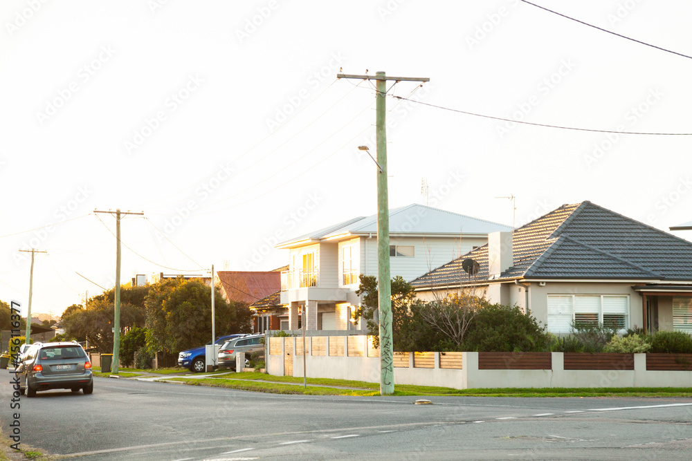 Houses at intersection of roads in Newcastle suburb Houses at intersection of roads in Newcastle suburb