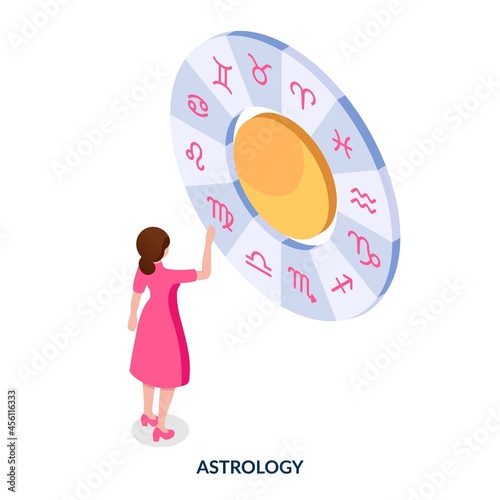 Astrology concept. The girl stands in front of the wheel with the signs of the zodiac. Isometric illustration on white background