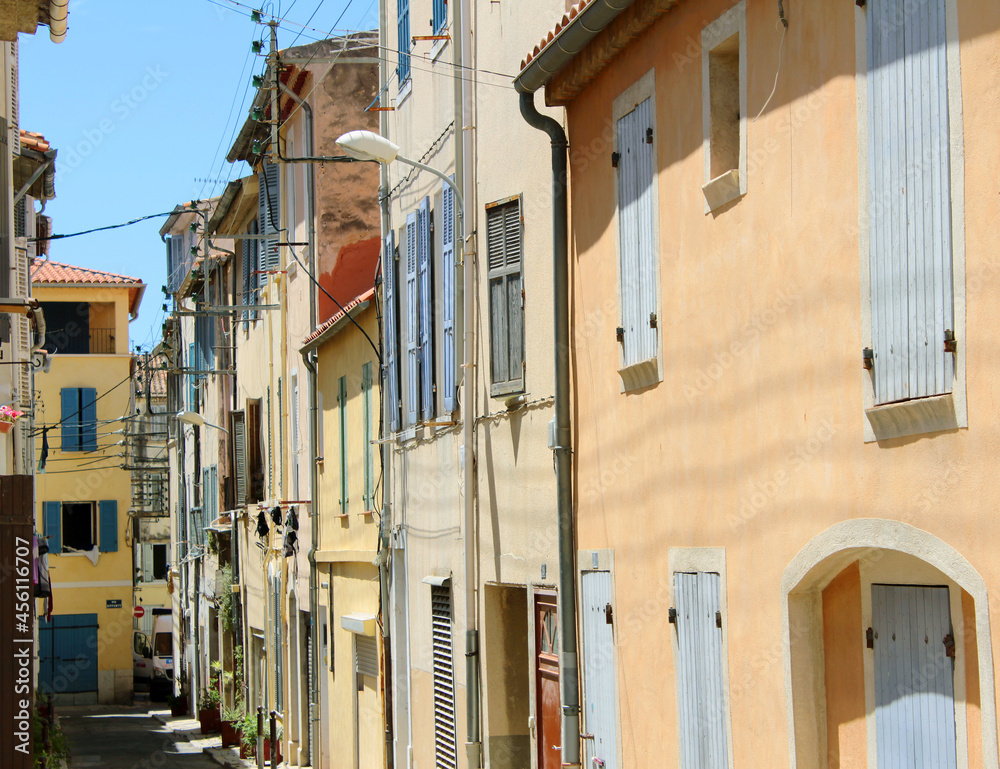 A beautiful view of the seaside town street buildings in Europe with its European architecture in La Ciotat, a city in French Riviera, the Mediterranean region of France and tropical destination.