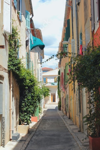 A beautiful view of the seaside town street buildings in Europe with its European architecture in La Ciotat  a city in French Riviera  the Mediterranean region of France and tropical destination.