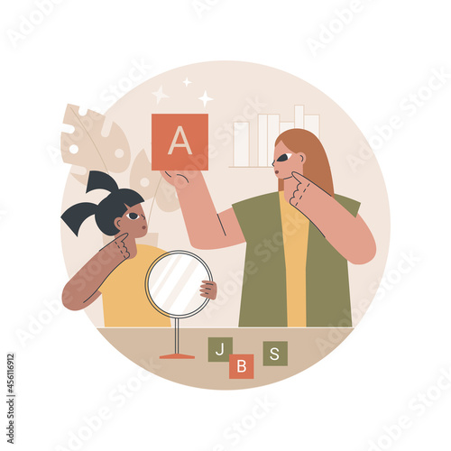 Speech therapy abstract concept vector illustration. Speech pathology therapy, improve language, development delay, speaking disability treatment, tongue exercise at home abstract metaphor.