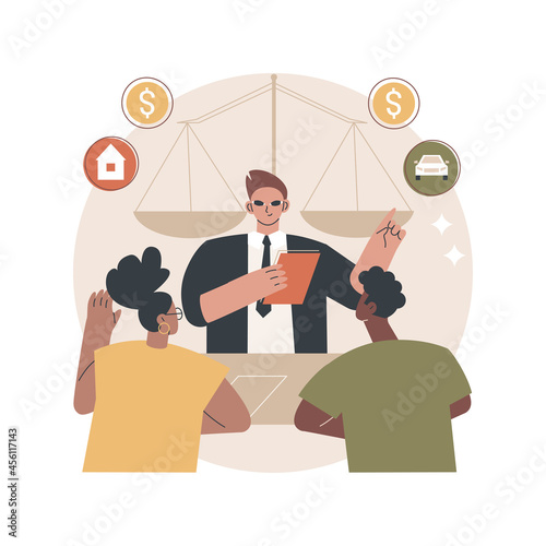 Divorce lawyer service abstract concept vector illustration. Family lawyer, divorce process, legal service consultation, law firm aid, child support, life estate deeds advice abstract metaphor.