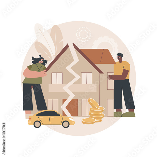 Property division abstract concept vector illustration. Divorce property agreement, division between spouses, separation process, lawyer service, legal equitable distribution abstract metaphor.