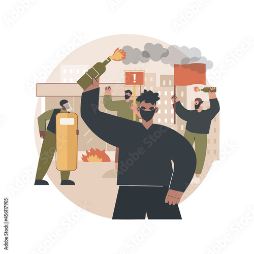 Mass riots abstract concept vector illustration. Public protest, demonstration, political activism, mass unrest, street action, meeting, vandalism and looting, curfew abstract metaphor.