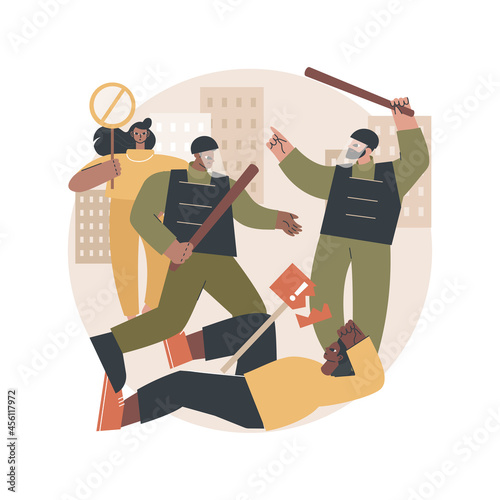 Police violence abstract concept vector illustration. Mass protest, police brutality, civil rights violation, property damage, law enforcement, legal actions, demilitarization abstract metaphor.