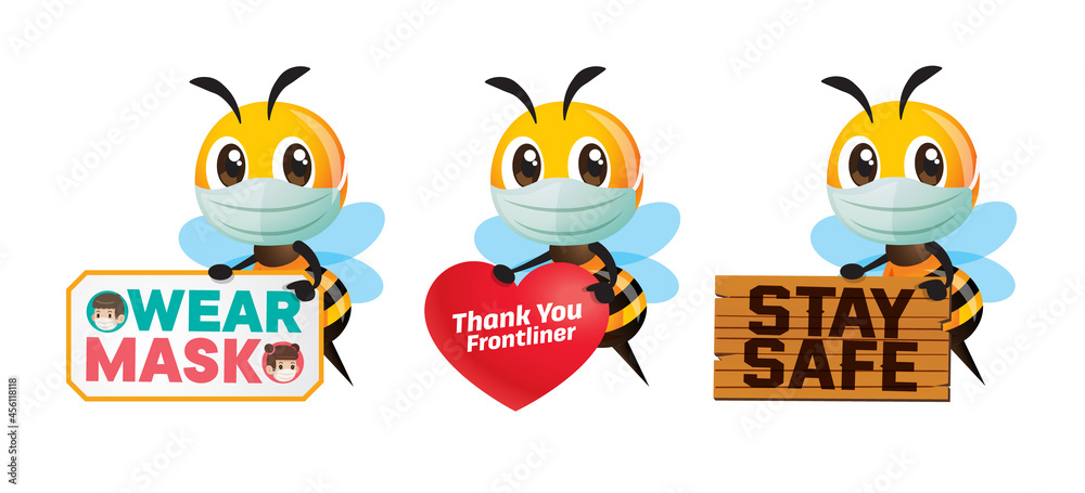 Set of cartoon cute bee wearing face mask holding different public awareness signage to prevent against coronavirus. Fight global pandemic outbreak Set of cartoon cute bee wearing face mask holding different public awareness signage to prevent against coronavirus. Fight global pandemic outbreak