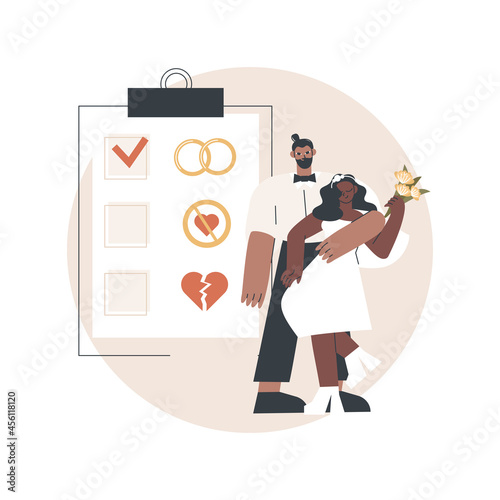 Marital status abstract concept vector illustration. Civil status, persons relationship, single married, checkbox, marital state, wedding rings, married couple, divorced widowed abstract metaphor.
