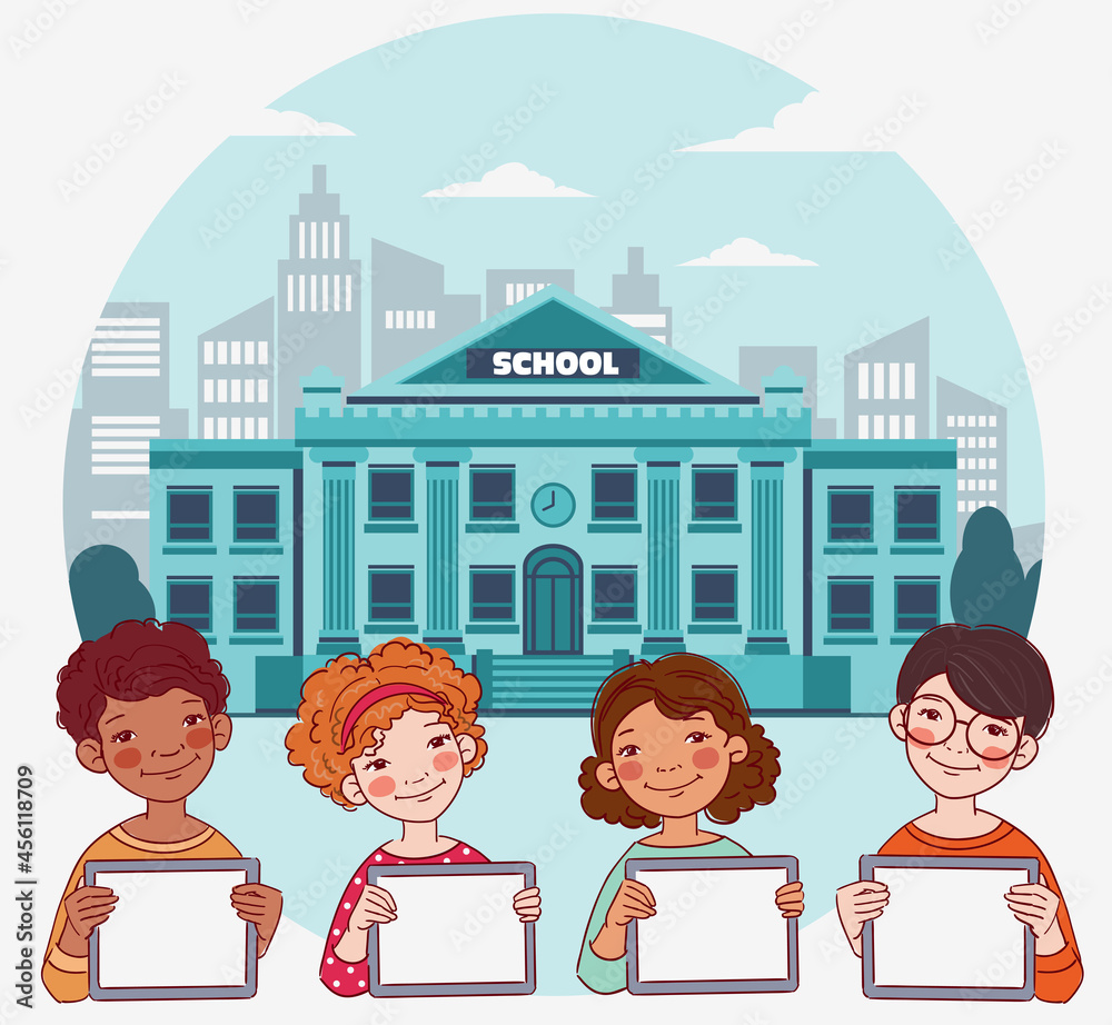 Happy boys and girls showing blank digital tablet screen. Cute kids using tablets. Back to school vector concept
Happy boys and girls showing blank digital tablet screen. Cute kids using tablets. Back to school vector concept