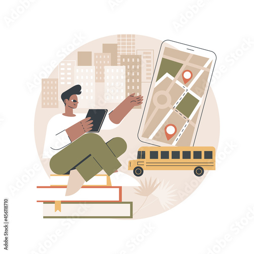 School bus tracking system abstract concept vector illustration. Bus tracking application, school smart transportation system, GPS location tracker, mobile navigation software abstract metaphor.