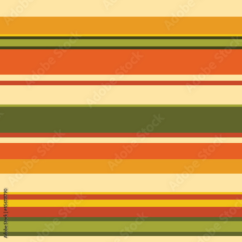 70's horizontal stripe pattern. Colourful design with funky retro earth tone colours. Orange, yellow and green thick, bold and thin striped lines. Seamless vector repeat background wallpaper texture.