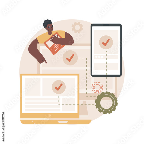 Cross-platform development abstract concept vector illustration. Cross-platform operating systems, compatible software environments, mobile app user experience, code writing abstract metaphor.
