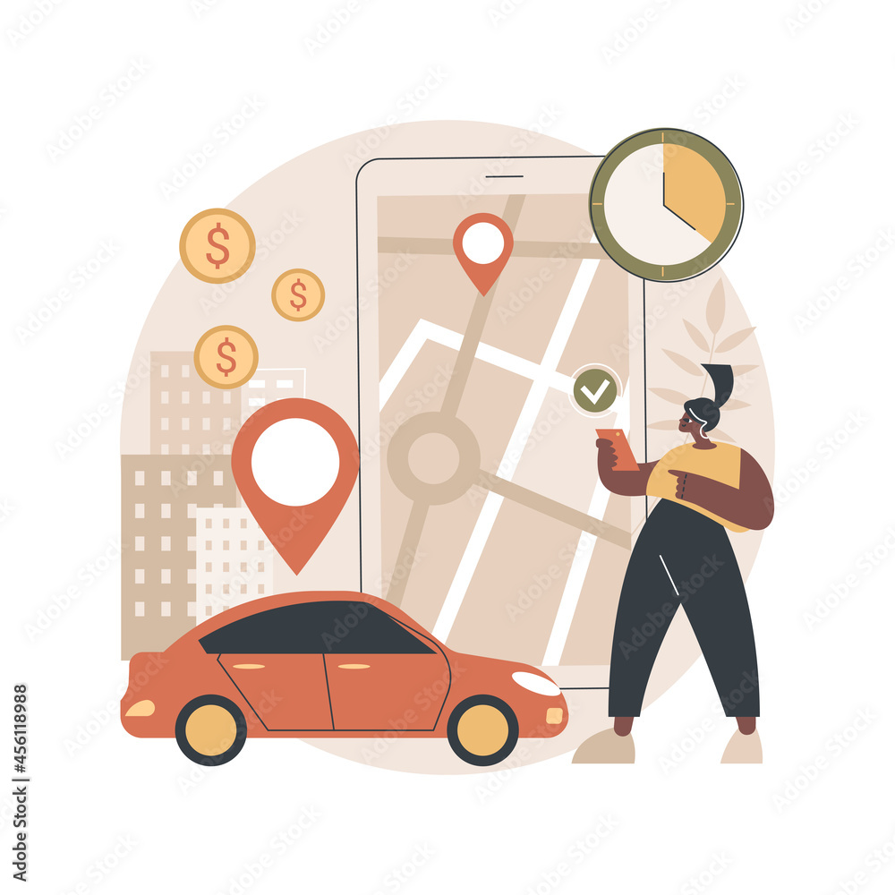 Carsharing service abstract concept vector illustration. Rental service, short term rent, carsharing application, ride application, hiring a car peer to peer, hourly payment abstract metaphor. Carsharing service abstract concept vector illustration. Rental service, short term rent, carsharing application, ride application, hiring a car peer to peer, hourly payment abstract metaphor.