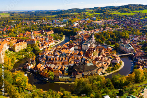 Fototapeta Naklejka Na Ścianę i Meble -  Aerial landscape of small czech town of Cesky Krumlov and Vltava river in autumn day