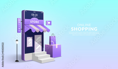 Concept of online shopping on website and mobile application, 3D smartphone in form of mini shop with shopping bag