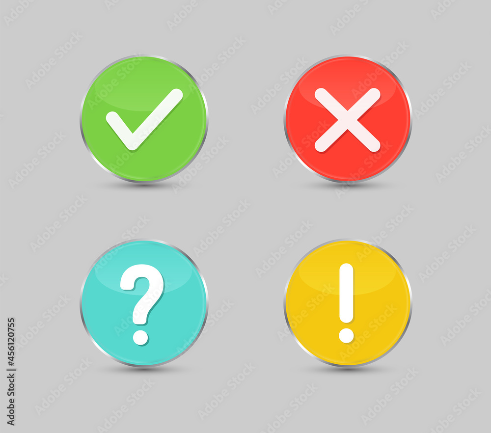Green check mark and red cross button. Exclamation mark, Question mark button isolated on gray background. Vector illustration.