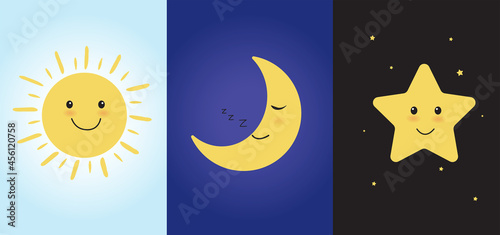 Cute sun and star smiling cartoon characters. Moon sleeping on dark background. Vector illustration