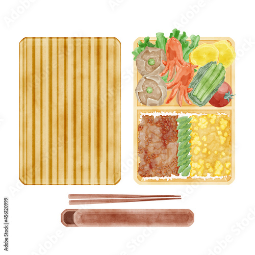 日本の2色そぼろ弁当手書き水彩風イラスト