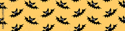 Flying bats seamless pattern. Cute Spooky vector Illustration. Halloween backgrounds and textures in flat cartoon gothic style. Black silhouettes animals on sky.
