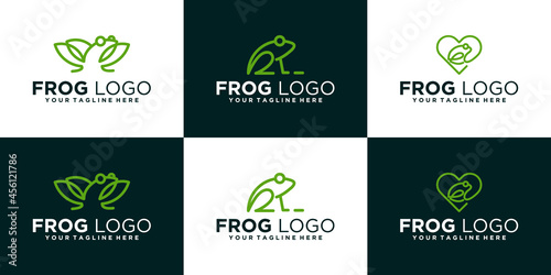 set of frog animal design logos with line art style