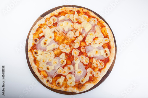 italian pizza on wooden board with white background 