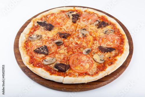 italian pizza on wooden board with white background 