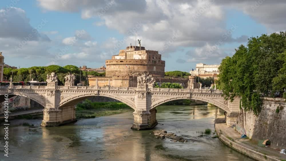 tilt down hyperlapse by the Tibre river with the classic Sant'Angelo castle view and Vatican City . Famous attraction located within Rome, Italy. Vaticano, Roma, Italia. tilt down hyperlapse by the Tibre river with the classic Sant'Angelo castle view and Vatican City . Famous attraction located within Rome, Italy. Vaticano, Roma, Italia.