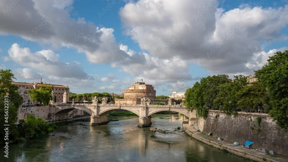 zoom out hyperlapse by the Tibre river with the classic Sant'Angelo castle view and Vatican City . Famous attraction located within Rome, Italy. Vaticano, Roma, Italia. zoom out hyperlapse by the Tibre river with the classic Sant'Angelo castle view and Vatican City . Famous attraction located within Rome, Italy. Vaticano, Roma, Italia.
