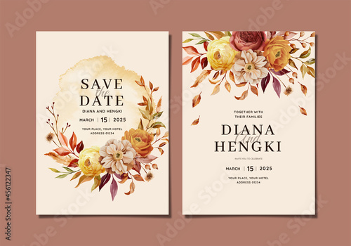 beautiful watercolor autumn floral wedding invitation template