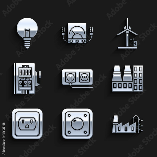 Set Electrical outlet, light switch, Power station plant and factory, in the USA, panel, Wind turbine and Light bulb icon. Vector