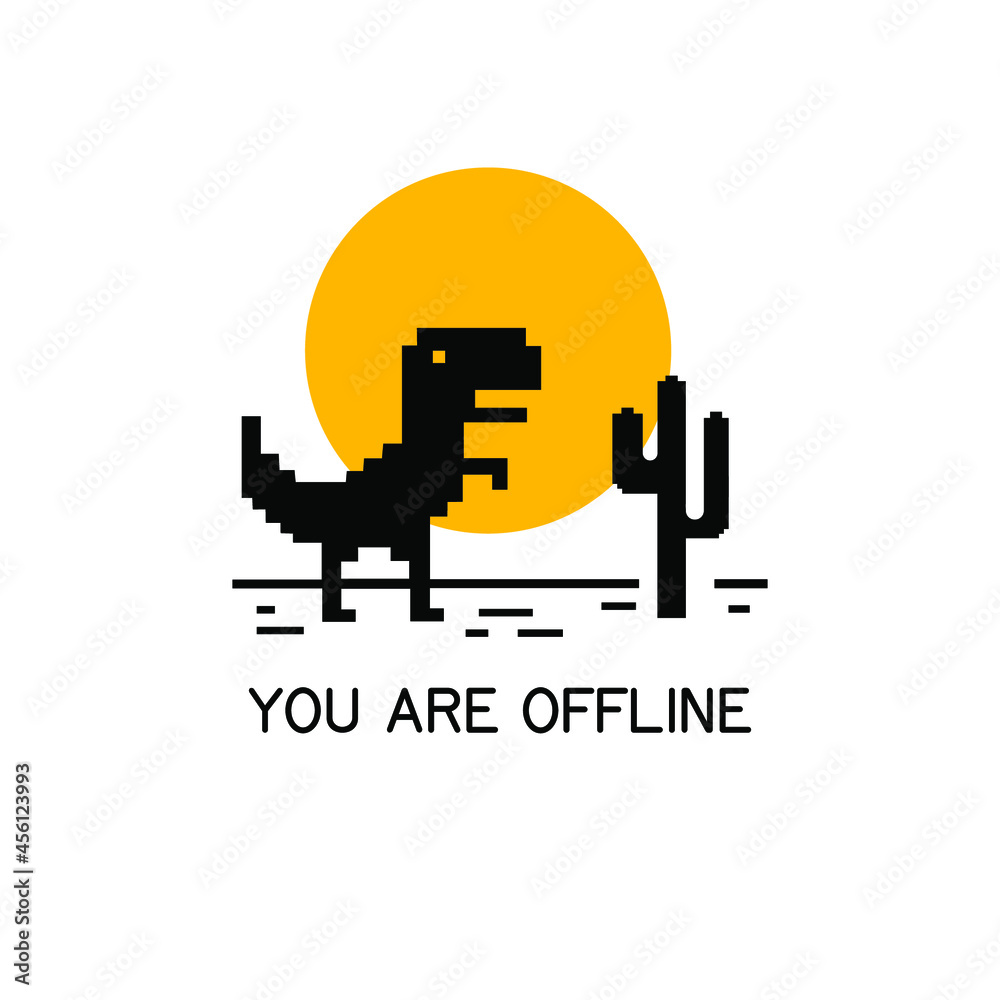 Pixel art of dinosaur describing offline error for internet. No