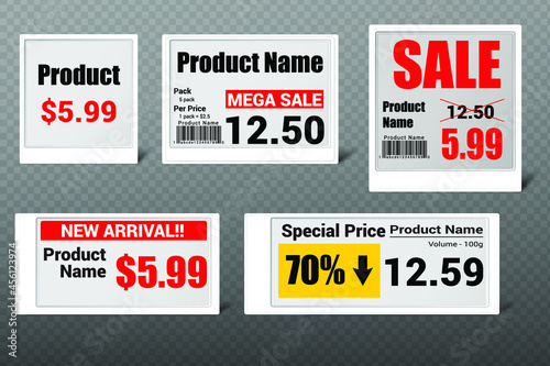 Electronic shelf label set, realistic vector mockup. Different-sized white e-paper displays for retail store price tags, template. Information monitor screen, mock-up. Eps 10 vector illustration.