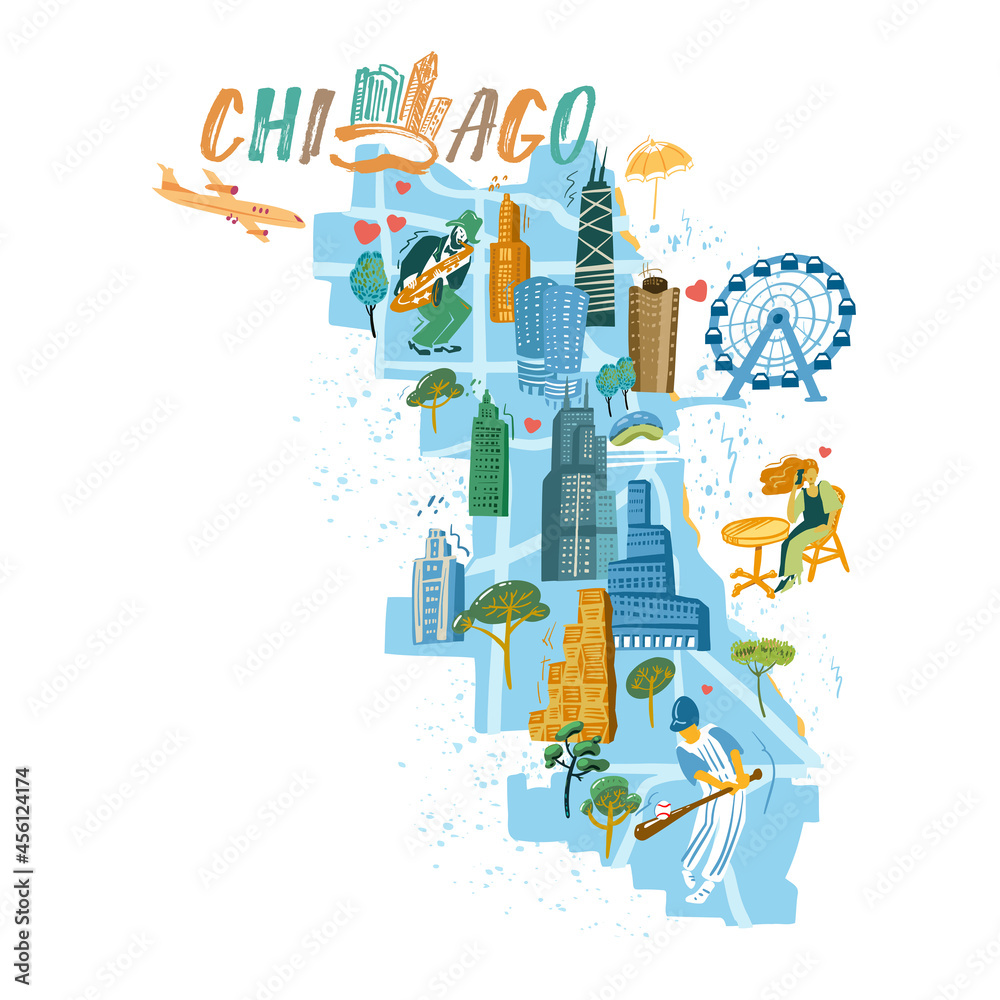 Naklejka premium Chicago map with landmarks icons set. Traditional symbols, people and buildings full color vector illustration.