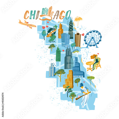 Chicago map with landmarks icons set. Traditional symbols, people and buildings full color vector illustration. photo